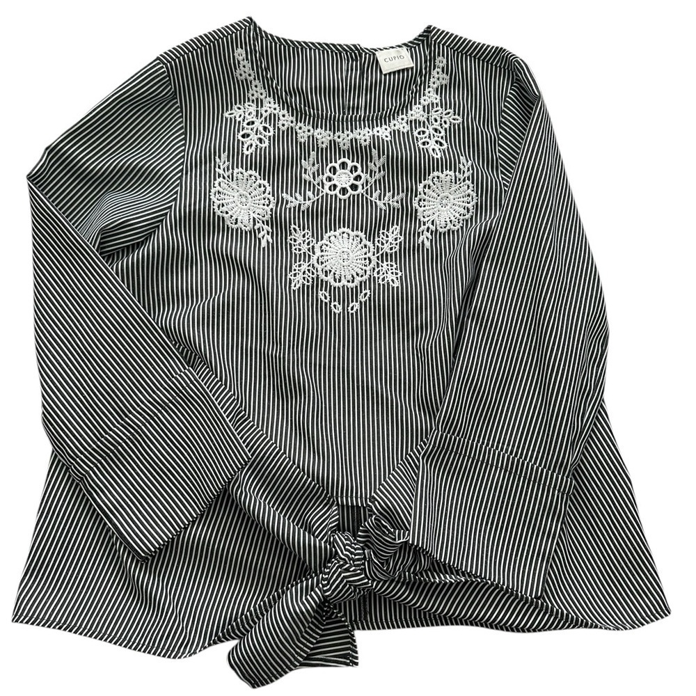 Cupio gray/white striped boho cottagecore embroidered tie-front peasant blouse L